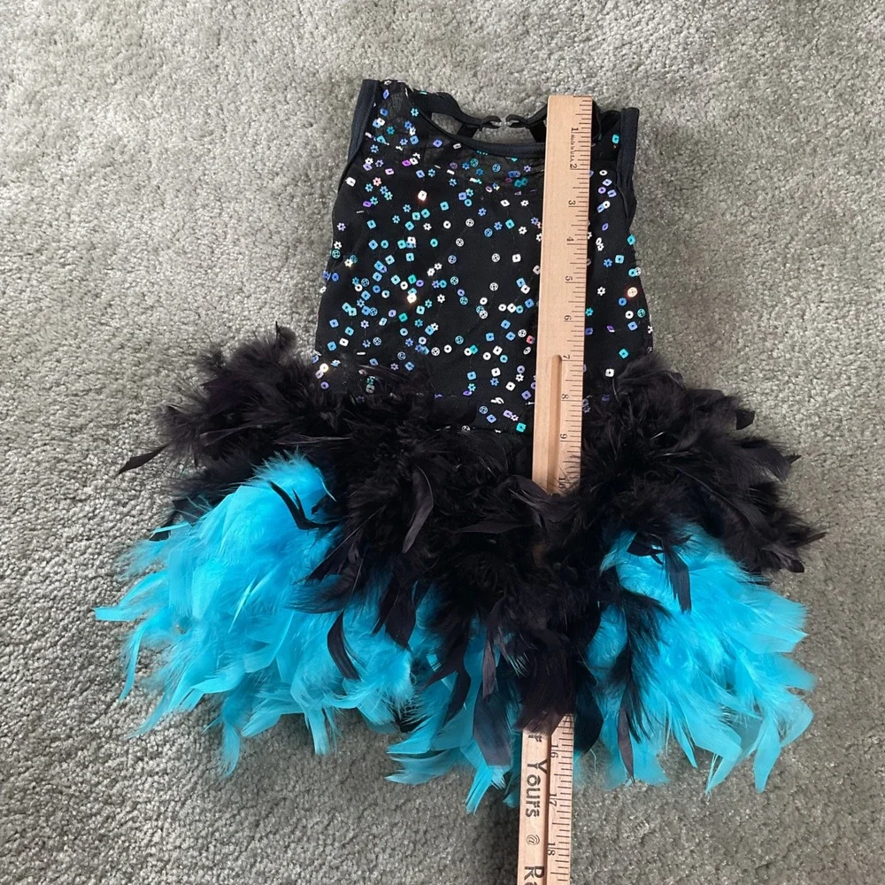 Weissman Dance Leotard Kids XSC Black Turquoise Sequin Feather Costume 13601